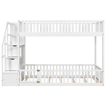 Whisen Twin over Twin Floor Bunk Bed, Ladder with Storage
