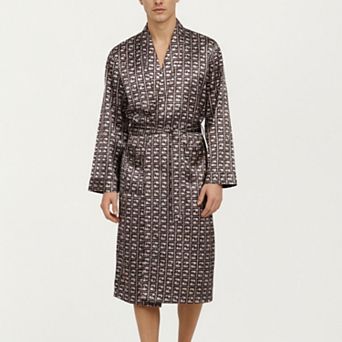 Men's Satin Robe with Geometric Square Pattern and Waist Tie Belt