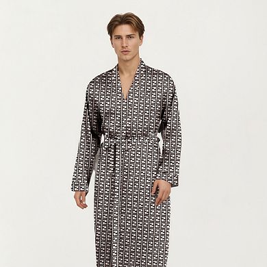 Men's Satin Robe with Geometric Square Pattern and Waist Tie Belt