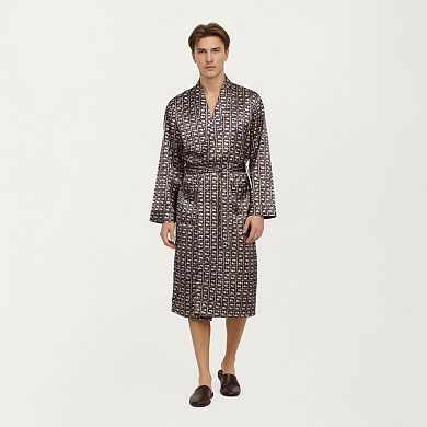 Men's Satin Robe with Geometric Square Pattern and Waist Tie Belt