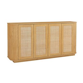 Whisen Wave Shaped 31.5''H Tall Storage Cabinet, Wood Vertical Striped Cabinet with Rattan Doors