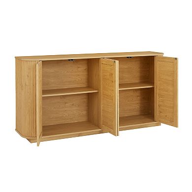 Whisen Wave Shaped 31.5''H Tall Storage Cabinet, Wood Vertical Striped Cabinet with Rattan Doors