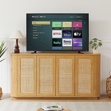 Whisen Wave Shaped 31.5''H Tall Storage Cabinet, Wood Vertical Striped Cabinet with Rattan Doors