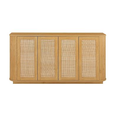 Whisen Wave Shaped 31.5''H Tall Storage Cabinet, Wood Vertical Striped Cabinet with Rattan Doors
