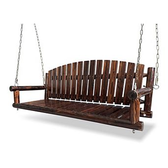 5ft Rustic Log Wooden Porch Swing, Heavy-Duty 900 LBS, Outdoor Hanging Bench,Solid Fir Wood