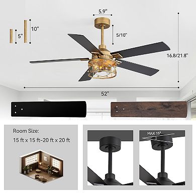 52-Inch Ceiling Fan with Crystal Light Fixture, 5 Reversible Blades, DC Motor, Includes 2 Downrods