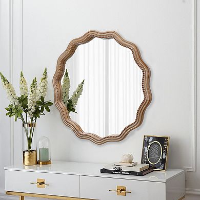 23.62 inches Wood Round Wavy Wall Mirror for Bathroom, Living Room