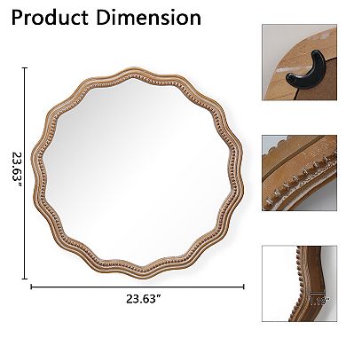 23.62 inches Wood Round Wavy Wall Mirror for Bathroom, Living Room