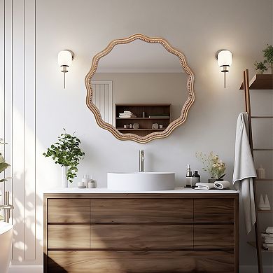 23.62 inches Wood Round Wavy Wall Mirror for Bathroom, Living Room
