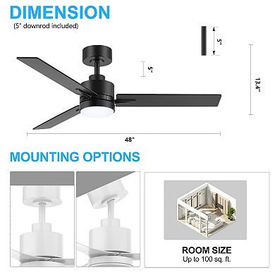 48-Inch Fan, 3 Plywood Blades, DC Motor, 3-Color Light, 5" Downrod, 6-Speed Remote