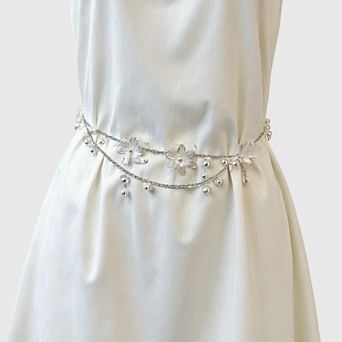 Women's Floral Metal Chain Belt with Faux Pearl Drop Details and Adjustable Fit 45.5in