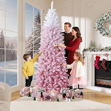 Pink Flocked Pencil Christmas Tree, Hinged Slim Artificial Pine with Snow Tips