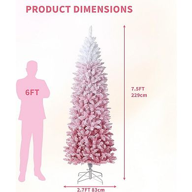 Pink Flocked Pencil Christmas Tree, Hinged Slim Artificial Pine with Snow Tips