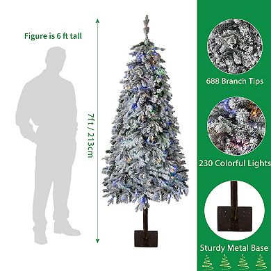 7Ft Artificial Christmas Tree, Prelit Snow Flocked Xmas Tree with 688 Branches, 230 Colorful Lights