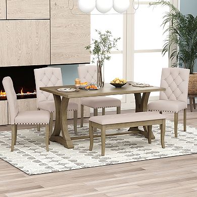 Whisen 6-Piece Farmhouse Dining Table Set with 4 Upholstered Chairs and Bench for Dining Room