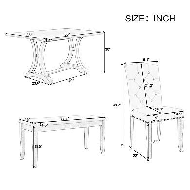 Whisen 6-Piece Farmhouse Dining Table Set with 4 Upholstered Chairs and Bench for Dining Room