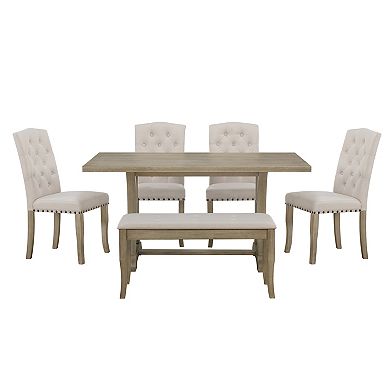 Whisen 6-Piece Farmhouse Dining Table Set with 4 Upholstered Chairs and Bench for Dining Room