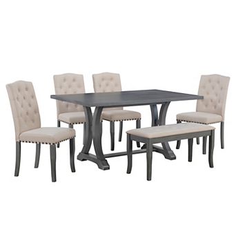 Whisen 6 pc Farmhouse Dining Table Set with 4 Upholstered Chairs and Bench for Dining Room
