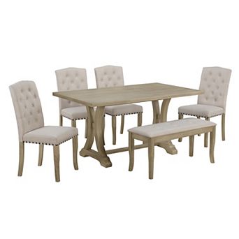 Whisen 6 pc Farmhouse Dining Table Set with 4 Upholstered Chairs and Bench for Dining Room