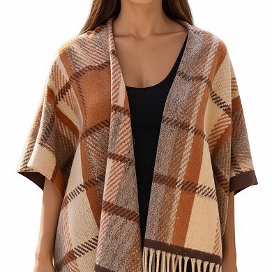 Plaid Fringe Shawl Wrap with Soft Woven Texture and Open Front Design 67x45.5 in