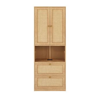 Whisen Wood Bookshelf & Side Cabinet Storage Shelves with 2 Doors, USB Port and 3 Drawers