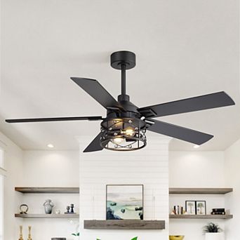 52-Inch Ceiling Fan with Light, 5 Reversible Blades, Crystal Cage Shade, Remote, DC Motor,2 Downrods
