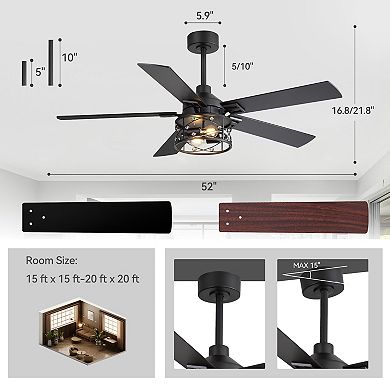 52-Inch Ceiling Fan with Light, 5 Reversible Blades, Crystal Cage Shade, Remote, DC Motor,2 Downrods
