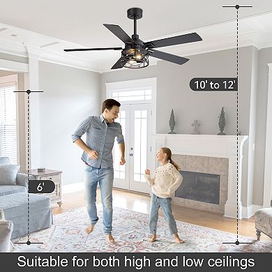 52-Inch Ceiling Fan with Light, 5 Reversible Blades, Crystal Cage Shade, Remote, DC Motor,2 Downrods
