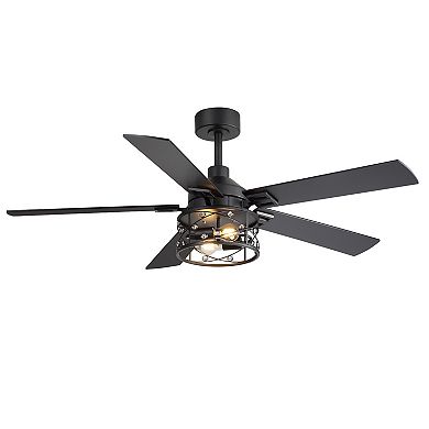 52-Inch Ceiling Fan with Light, 5 Reversible Blades, Crystal Cage Shade, Remote, DC Motor,2 Downrods