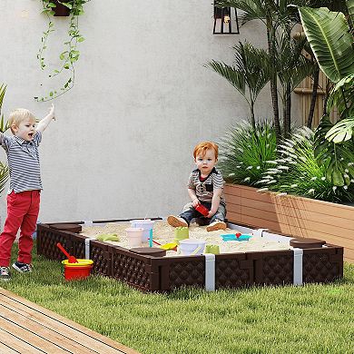 Qaba Rectangular Kids Sandbox with Cover, 4 Seats, Bottom Liner