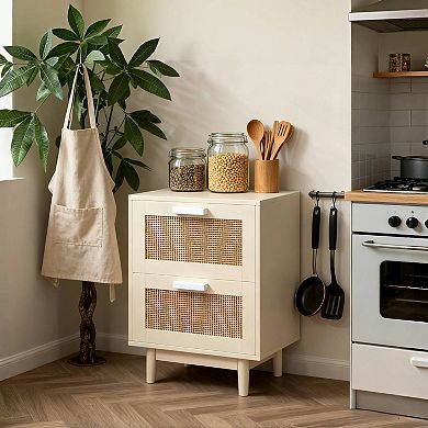 Side Table with 2 Faux Rattan-Decorated Drawers