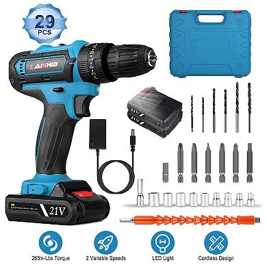 Cordless Drill Set 28V with 2 Batteries & Charger, 25+3 Torque, 24 Drill Bits, 2 Speeds