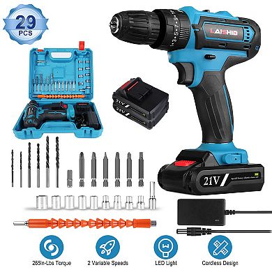 Cordless Drill Set 28V with 2 Batteries & Charger, 25+3 Torque, 24 Drill Bits, 2 Speeds