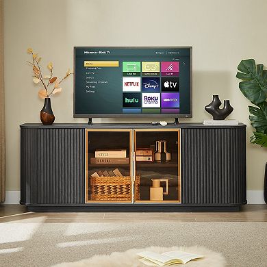 Whisen Aluminum Door Framed Tempered Glass Wavy TV Cabinet, Wooden Vertical Stripe Storage Cabinet