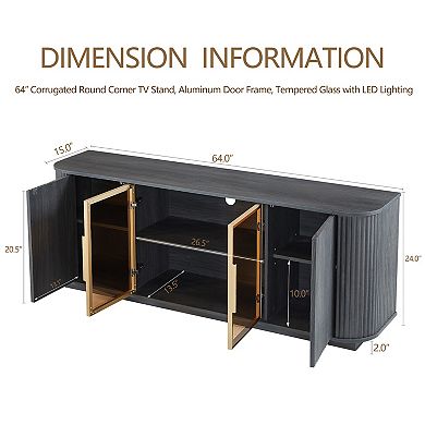Whisen Aluminum Door Framed Tempered Glass Wavy TV Cabinet, Wooden Vertical Stripe Storage Cabinet