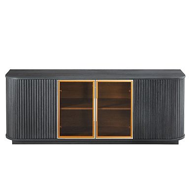 Whisen Aluminum Door Framed Tempered Glass Wavy TV Cabinet, Wooden Vertical Stripe Storage Cabinet