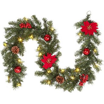 6 FT Christmas Garland with Lights, Pre-lit Garland with 20 LED Lights, Pinecones, Berries