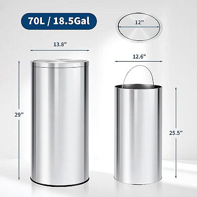 Fancihabor 18.5 Gallon Silver Stainless Steel Kitchen Trash Can, 70L