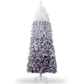 Pencil Christmas Tree Prelit, Gradient Snow Flocked Holiday Decor Xmas Tree w/Dual Color LED Lights