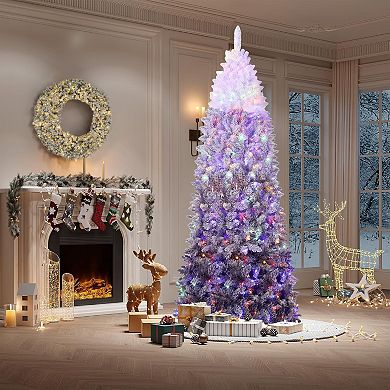 Pencil Christmas Tree Prelit, Gradient Snow Flocked Holiday Decor Xmas Tree w/Dual Color LED Lights