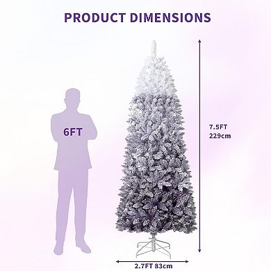Pencil Christmas Tree Prelit, Gradient Snow Flocked Holiday Decor Xmas Tree w/Dual Color LED Lights