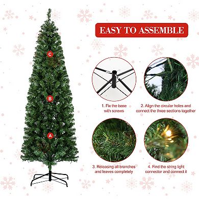 6.5 Ft Prelit Pencil Christmas Tree, Slim Xmas Tree with 586 Branch Tips, 250 LED Lights