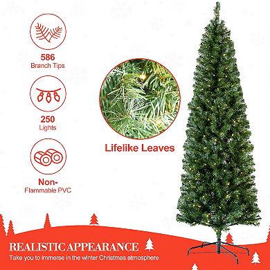 6.5 Ft Prelit Pencil Christmas Tree, Slim Xmas Tree with 586 Branch Tips, 250 LED Lights