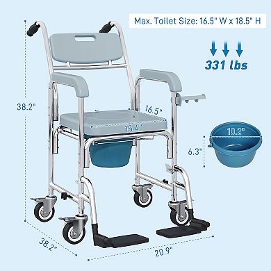 Shower Chair with Wheels, Bedside Commode Wheelchair for Seniors