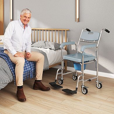 Shower Chair with Wheels, Bedside Commode Wheelchair for Seniors