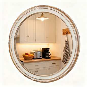 27.5 Inch Rustic Wooden Round Wall Mirror for Bathroom