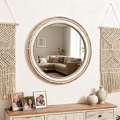 27.5 Inch Rustic Wooden Round Wall Mirror for Bathroom