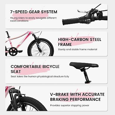 Whisen 20 inch Children's Bicycle, Shock Absorbing Front Fork, 7 - Speed, V - brakes, Mountain Tire