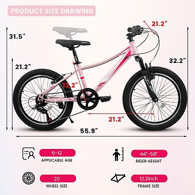Whisen 20 inch Children's Bicycle, Shock Absorbing Front Fork, 7 - Speed, V - brakes, Mountain Tire
