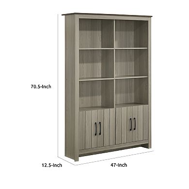 Nena Bookcase with 6 Shelves and 4 Cabinet Doors, Gray Wood 71 Inch